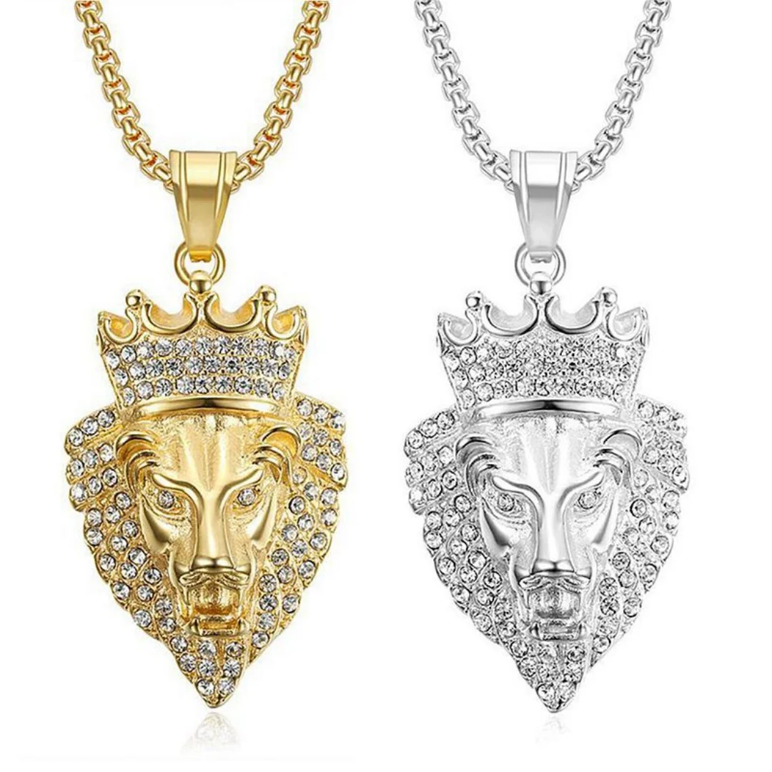 

Hip Hop Iced Out Crown Lion Head Pendant Male Gold Silver Color Stainless Steel Zirconia Tennis Necklace for Man Cool Jewelry