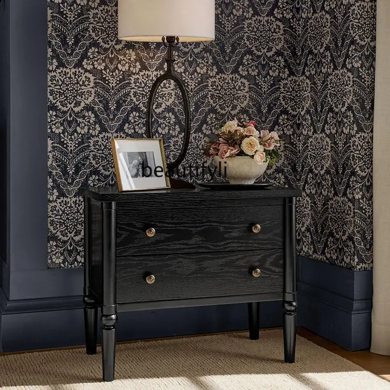 Nordic Modern Black American Retro Double Drawer Frame Master Bedroom Side Cabinet Nightstand