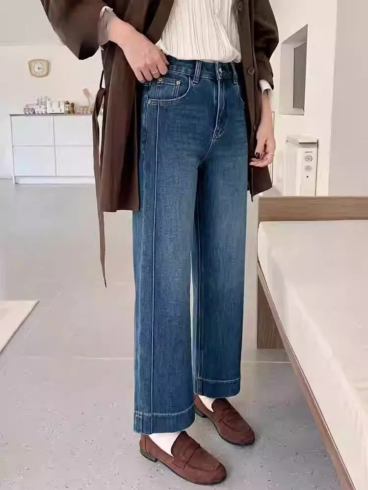 

Синие узкие прямые джинсы женские новые большие размеры для похудения с высокой талией эластичные широкие брюки с девятью точками повседневные джинсы с высокой талией