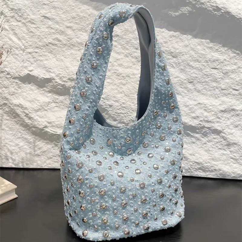 

Retro Rivet Women's Shoulder Bag Rivet Denim Motorcycle Bag Niche Fashion Handbag Large Capacity Bucket Tote Bag New Women's Bag
