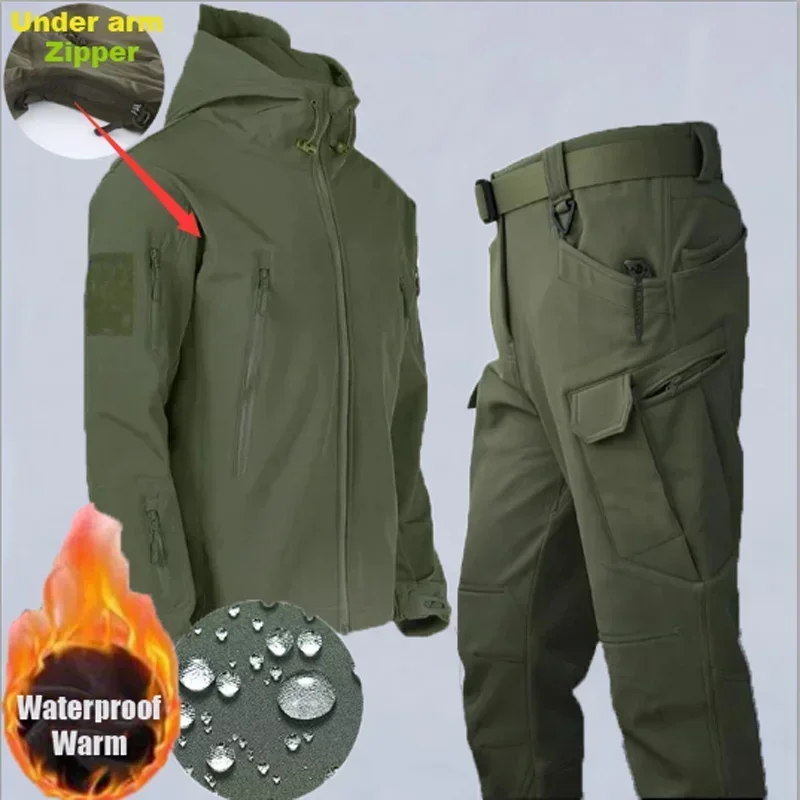 Men's Waterproof Hiking Jackets Outdoor Softshell Suits Waterproof Camouflage Pants Tactical Hooded Fleece Coat Winter Gift Belt