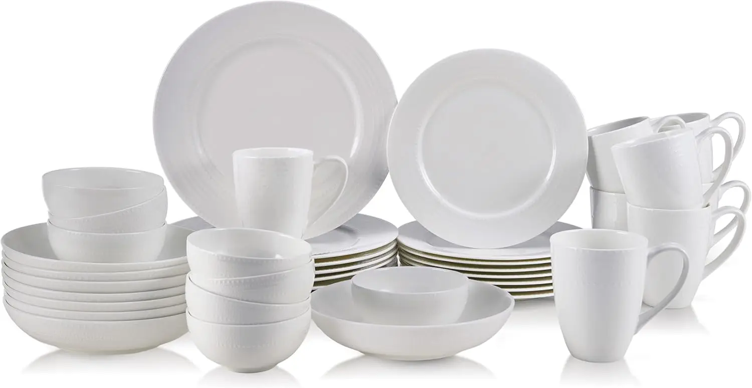 

Annabelle Bone China 40-Piece Dinnerware Set, Service for 8, Lightweight and Chip-Resistant White Porcelain with Elegant Design