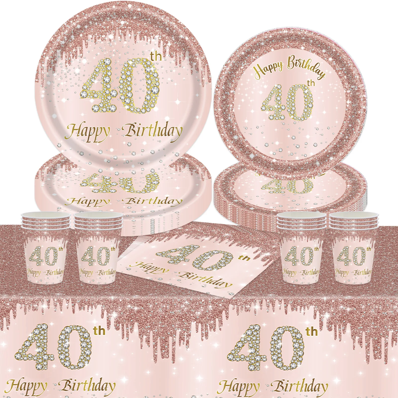 8Guests Rose Gold 40 Year Old Disposable Tableware Set 40 Years Tablecover Paper Plates Happy 40 Women 40th Birthday Party Decor