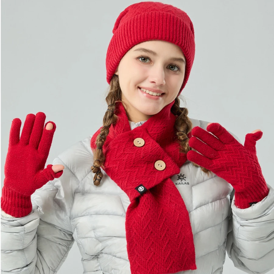 3pcs set knitting winter hats scarf gloves solid color hooded hats beanies fur pompom winter caps sets for women red black white