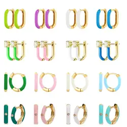 925 Sterling Silver Needle Colorful Enamel Round Hoop Earrings for Women Charm CZ Circle Geometric Cartilage Earring INS Jewelry