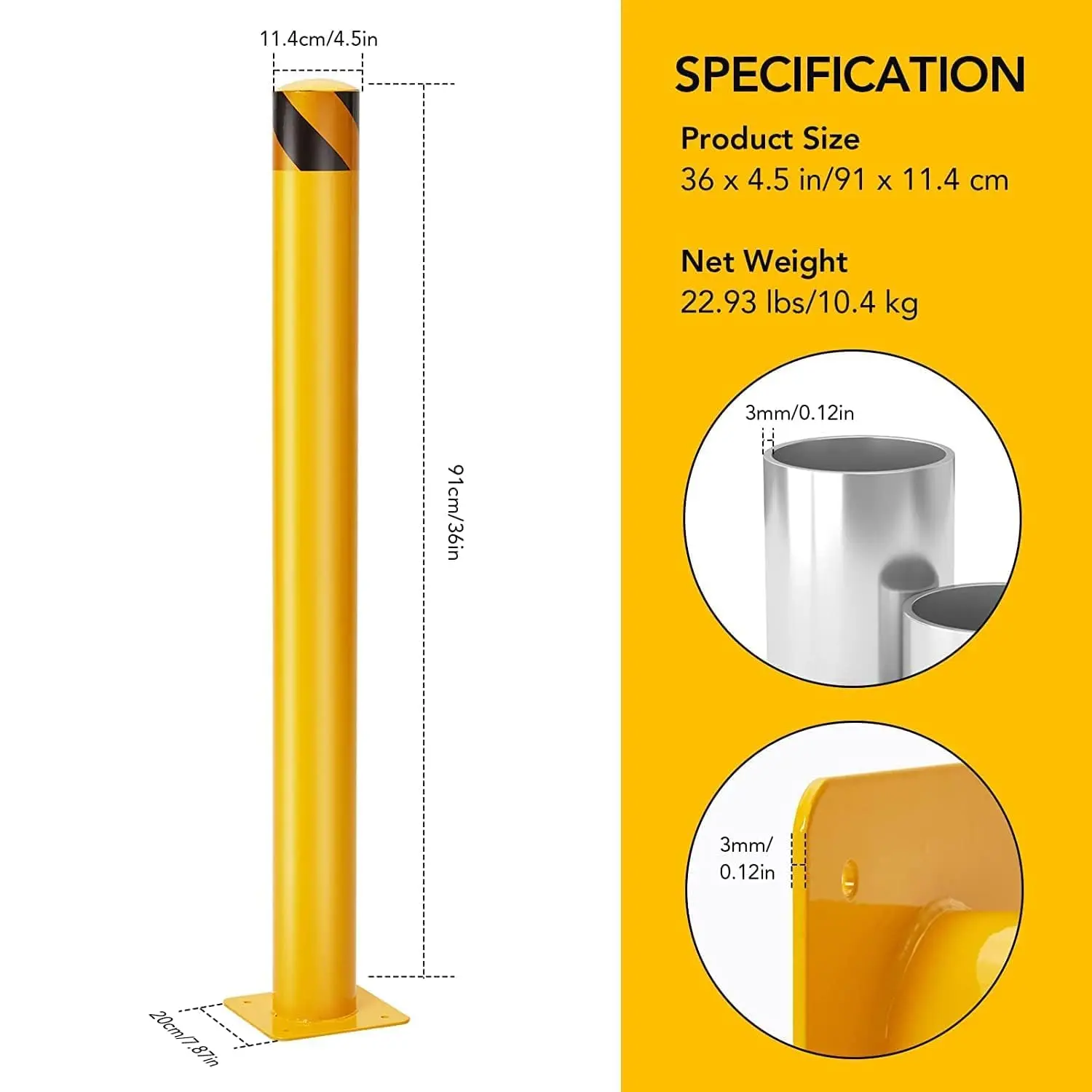 6 Packs 36 Inch Height Bollard Post, 4.5 Inch Diameter, Yellow Safety Steel Bollard Post, With 8 Anchor Bolts