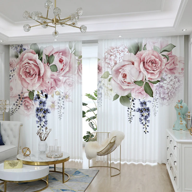 Pink Flower Curtain Green Plant Pastoral Decor Sheer Screen Curtain Living Room Bedroom Floor-to-ceiling Window Voile cortinas