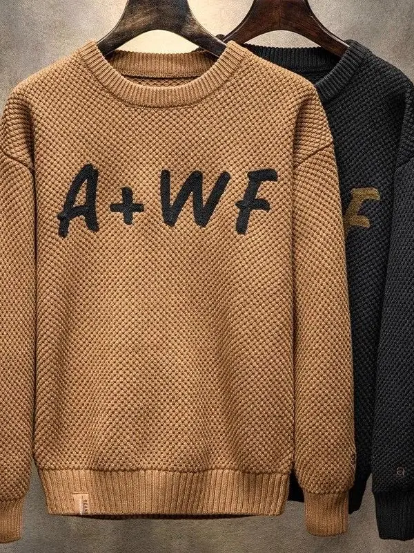 

Мужской свитер American Sle Workwear: плотный, осенне-зимний, с вышивкой, свободного кроя, с длинным рукавом, круглым вырезом, базовая верхняя одежда