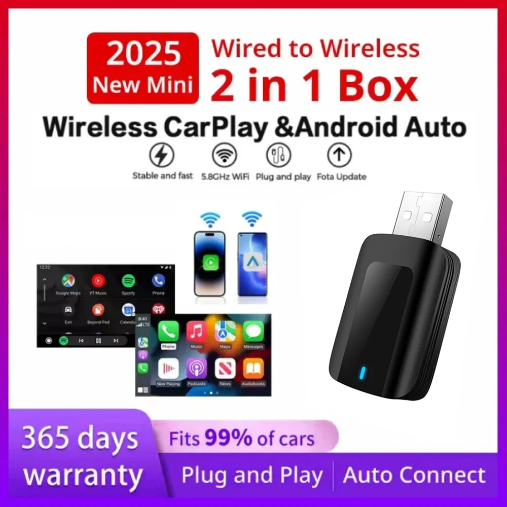 2025 New Wireless CarPlay & Android Auto Adapter, Low Latency, 5.8GHz, Plug & Play, Requires Wired Car Support, Auto Connect