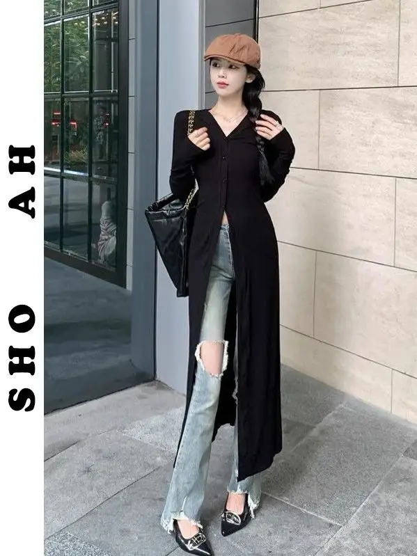 Ele Long Sve femme Dr Cardigan minceur t-shirt jupe à la mode jupe Midi vêtements d'extérieur printemps été automne couleur Pure