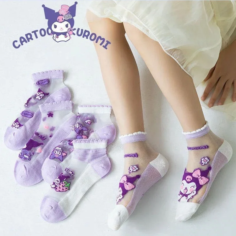 Chaussettes Kuromi en pur coton pour enfants, bas en cristal, chaussettes fines pour filles, 5 paires