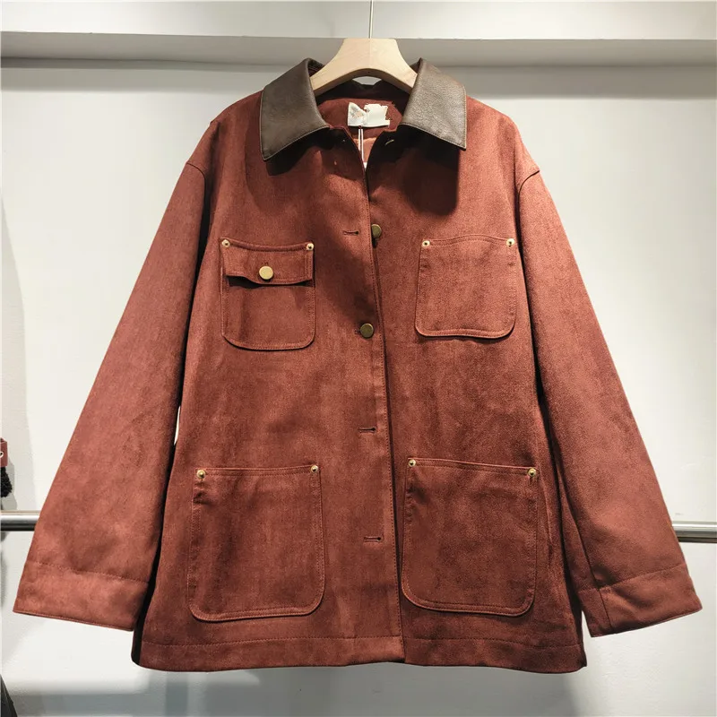 

SuperAen Ретро корейский стиль куртка с воротником-поло контрастного цвета, новинка 2025, осеннее свободное повседневное однобортное пальто с карманами