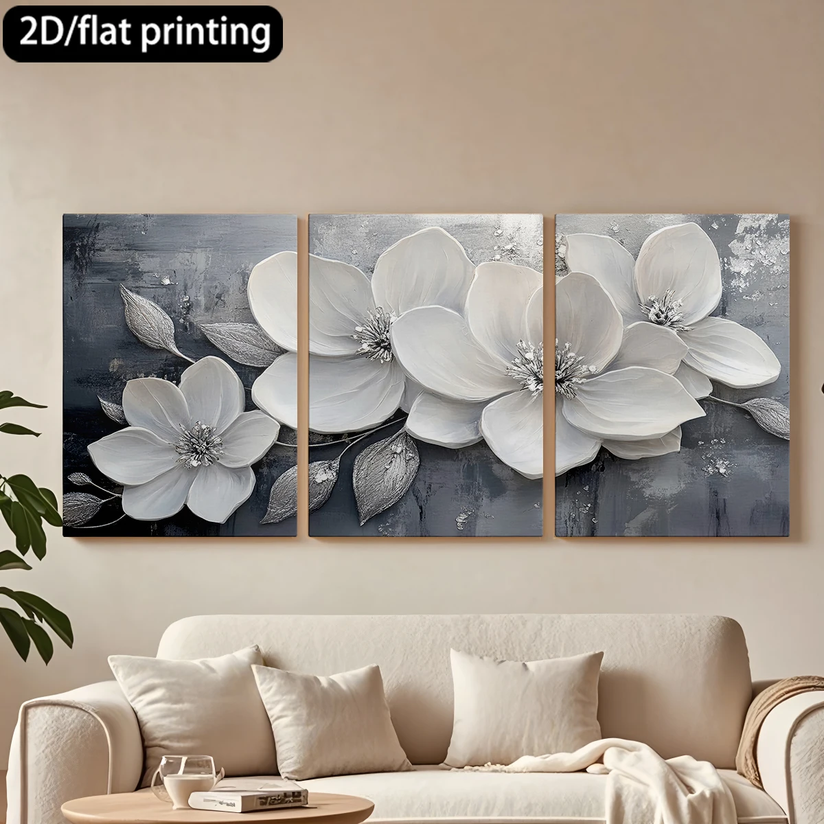 Impresión plana 2D, 3 piezas, marco de madera, lienzo, pintura decorativa, decoración de pared con flores blancas, plateado. Decoración para pasillo y dormitorio.