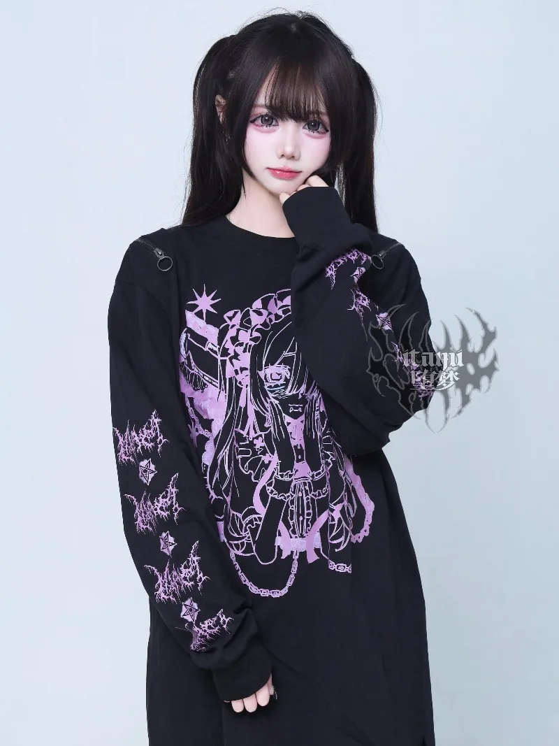

Original Design Dark Heart Print Long Sleeve T-Shirt for Women Spring Autumn New Japanese Style Loose Subculture Loose Top