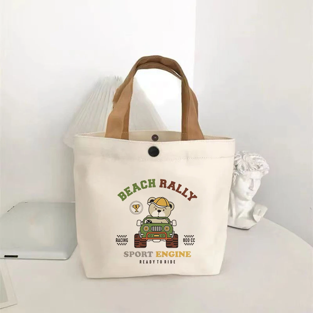 Female Student Lunch Box Bag Simple Tote Bag Cute Bear Small Versatile Handbag Mini Canvas Bag  Office Worker Lunch Bag