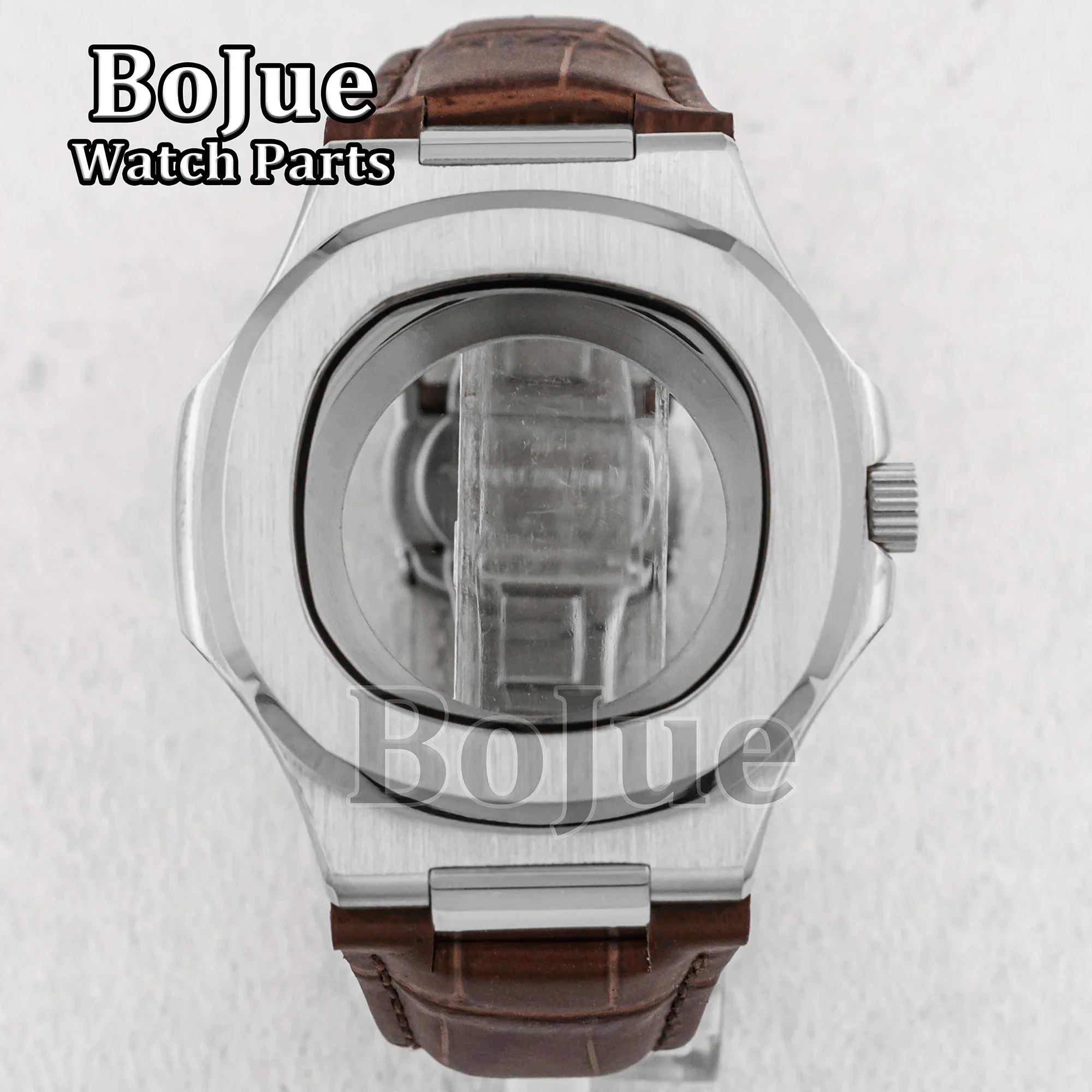 

41mm Mod Nautilus Watch Case Leather Strap Sapphire Crystal Fit NH35/NH36/NH38 Movement Transparent Case Back Watch Repair Parts