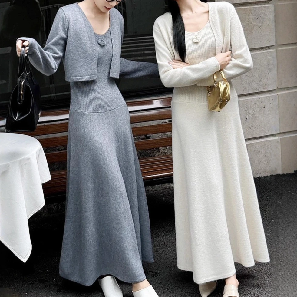 

Two Pieces Women Knitted Dress Set Solid Matching Sets Long Sleeve Cardigan Ankle Lenth Dresses Slim Casual 2025 Autumn Winter