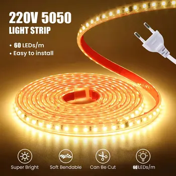 Ac 220 V 5050 Led Şerit Işık Su Geçirmez 60 Led Esnek Bant Lambası Ab Tak Aydınlatma Beyaz 1 M 2 M 5 M 10 M 20 M Açık Şerit