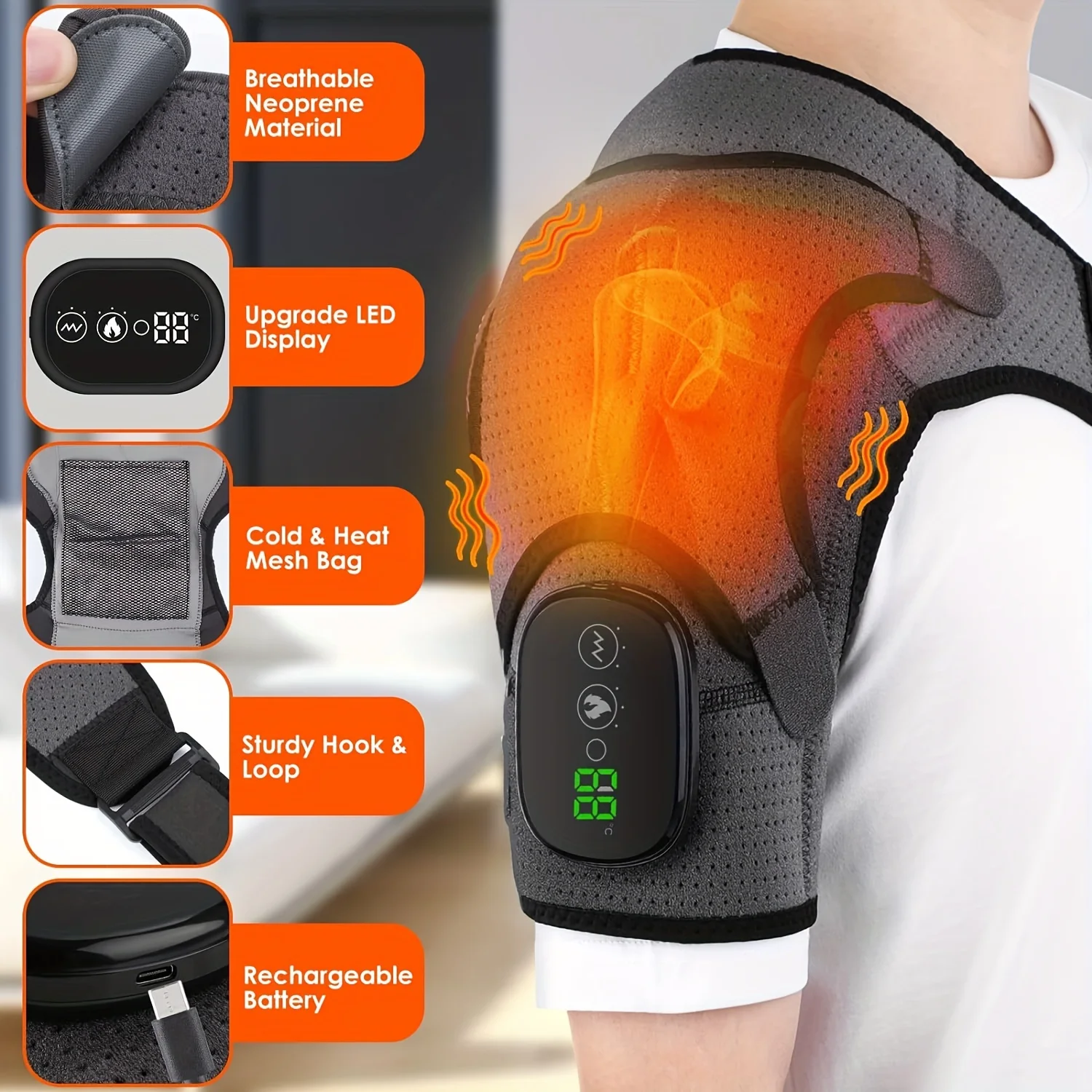 Heated Shoulder Wrap for Men & Women - Cordless Vibration Massage Pads with 3 Heating Settings