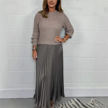 秋冬の女性のドレス偽ツーピースニットセータープリーツスカートパッチワーク長袖ラウンドネック A ラインマキシドレス