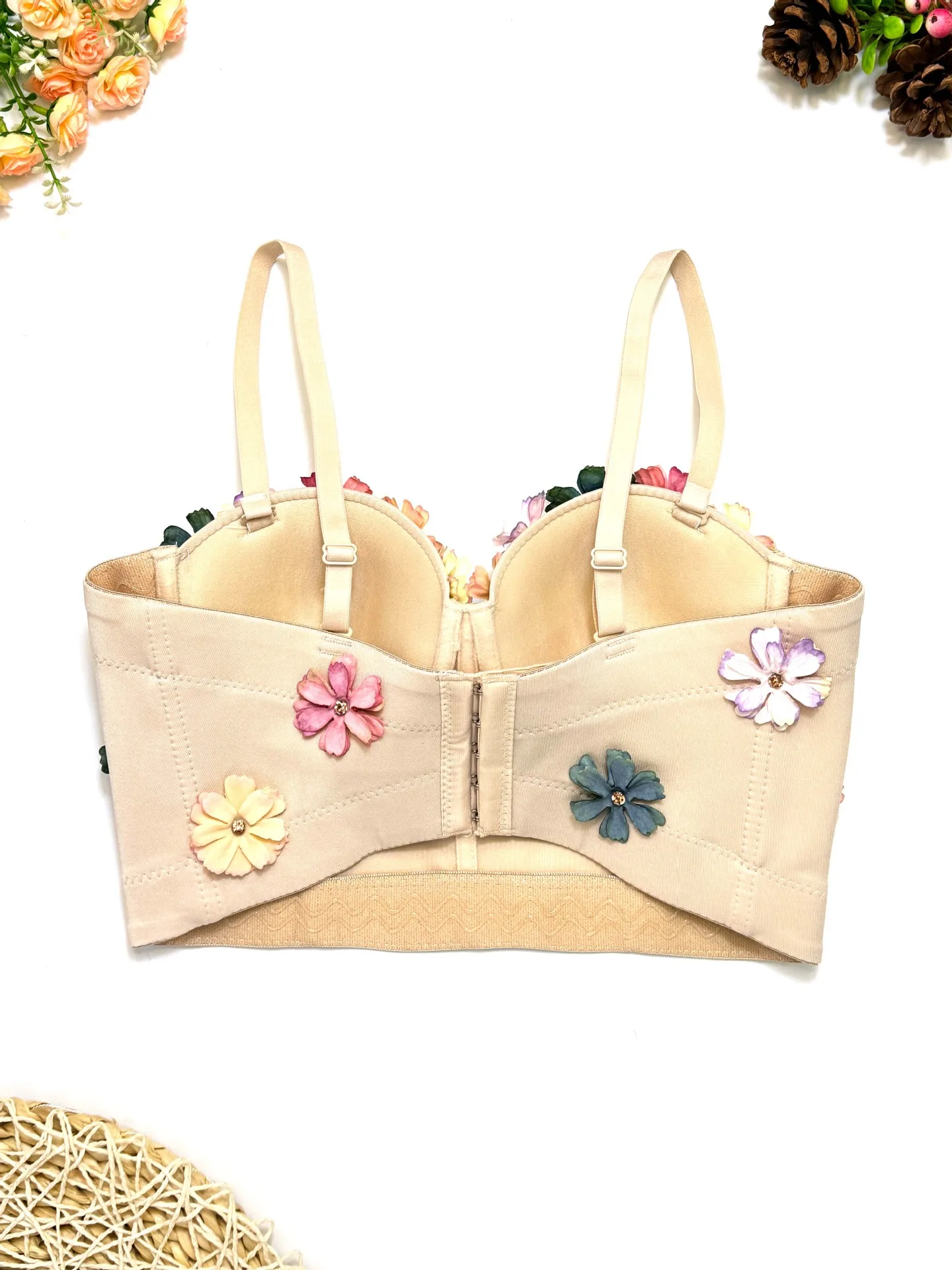 customized women's handmade three-dimensional flower with high-end cute sweet style paired with fishbone bra vest and suspender