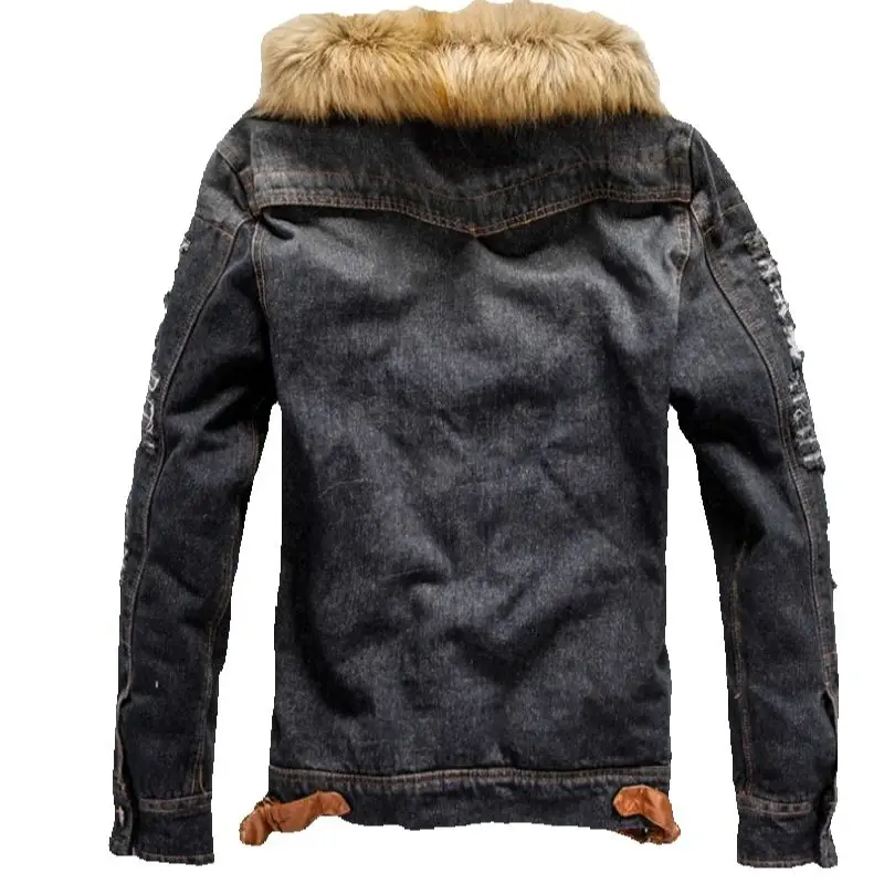 Teenagers Cotton-Padded Men's Retro Denim Fleece Jacket Thick Ripped Patchwork Denim Top Trendy Outerwear