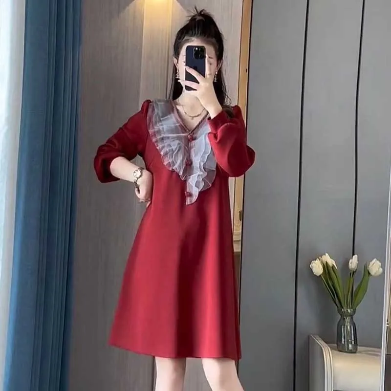 Fashion V-Neck All-match Spliced Button Ruffles Mini Dress Women\'s Clothing 2023 Autumn Winter Loose Commuter Ladies Dresses