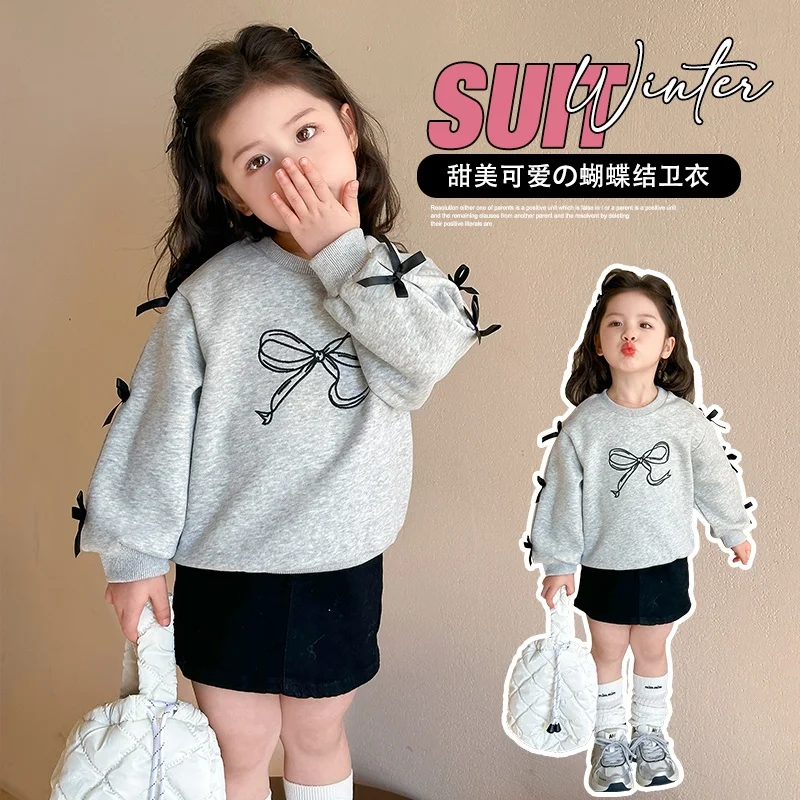 Girls Bow Print Crew Neck Sweatshirt Spring Autumn Kids Long Sleeve Pullover Top with Side Ribbon Bows Best seller