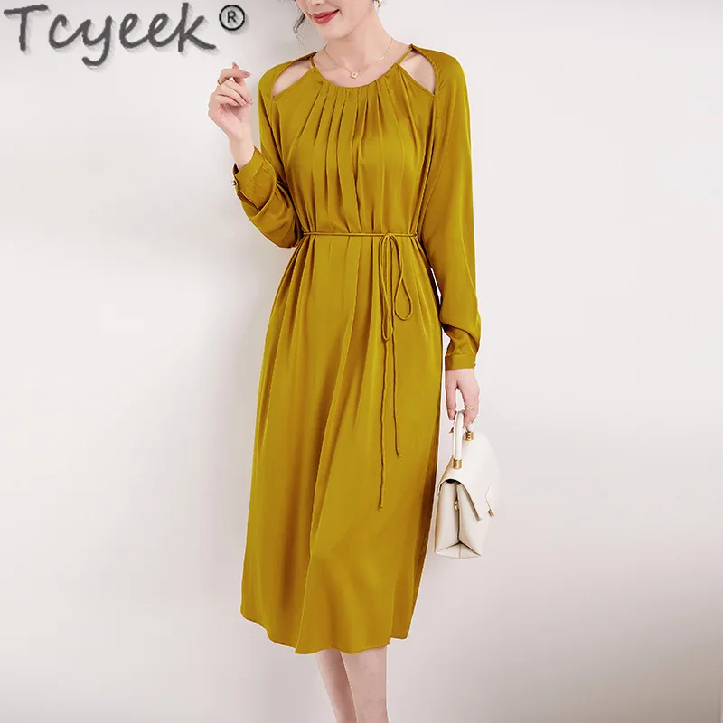 Tcyeek 19MM Heavyweight Real Silk Dress for Women 2024 Spring Summer Womens Dresses Lace-up Waist 92.3% Mulberry Silk Long Dress