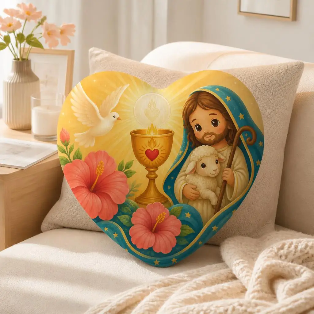 Jesus Good Shepherd Heart Shaped Plush Pillow Christian Chalice Cushion Dove Faith Prayer Room Church Decor Religious Gift