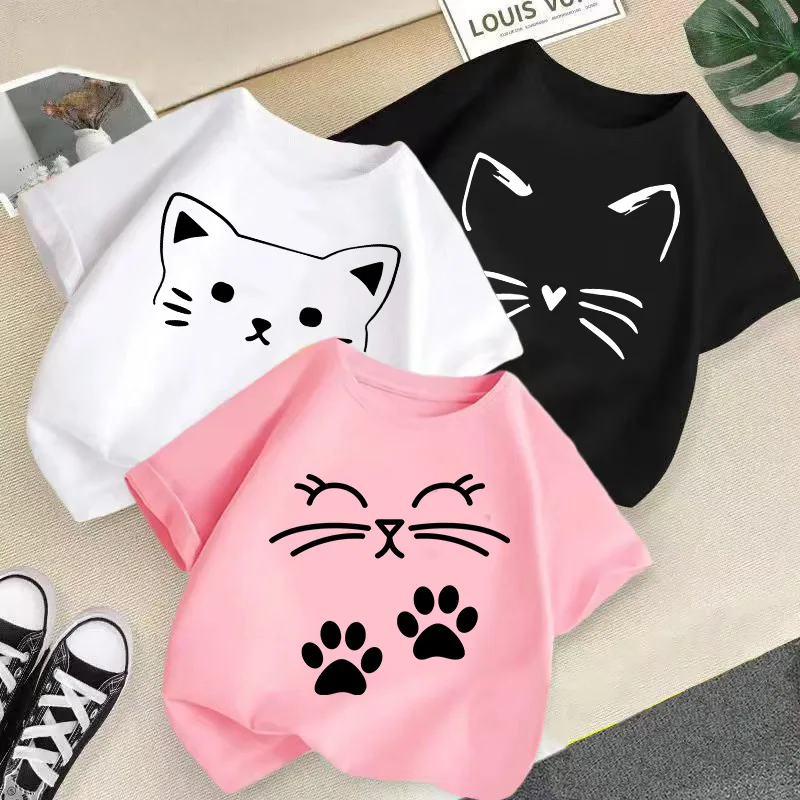 Summer New Cute Cat Animal Print Round Neck Short Sleeved Tee Shirt for Boys and Girls Fashionable and Simple Children's T-shirt
