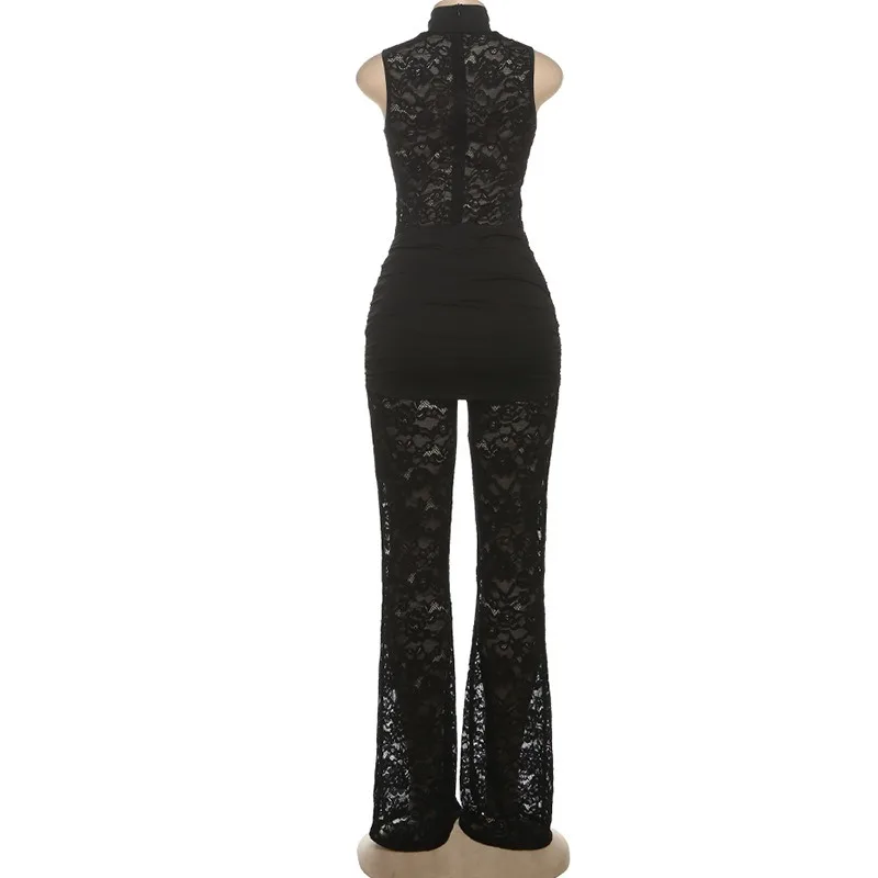 Metal Buckle Ruched Patchwork See Through Lace Jumpsuits Women Sexy Turtleneck Hollow Out Sleeveless Slim Club Party Overalls