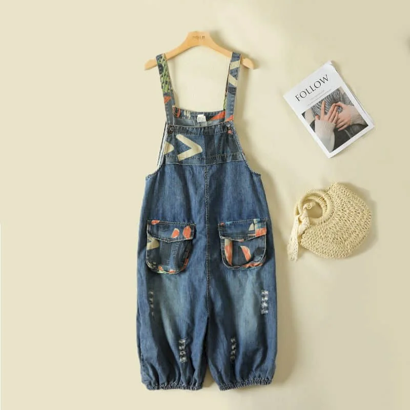 Denim Jumpsuits Korean Style Pocket Printed One Piece Outfit Casual Loose Summer Clothing for Women High Waisted Cropped Jeans