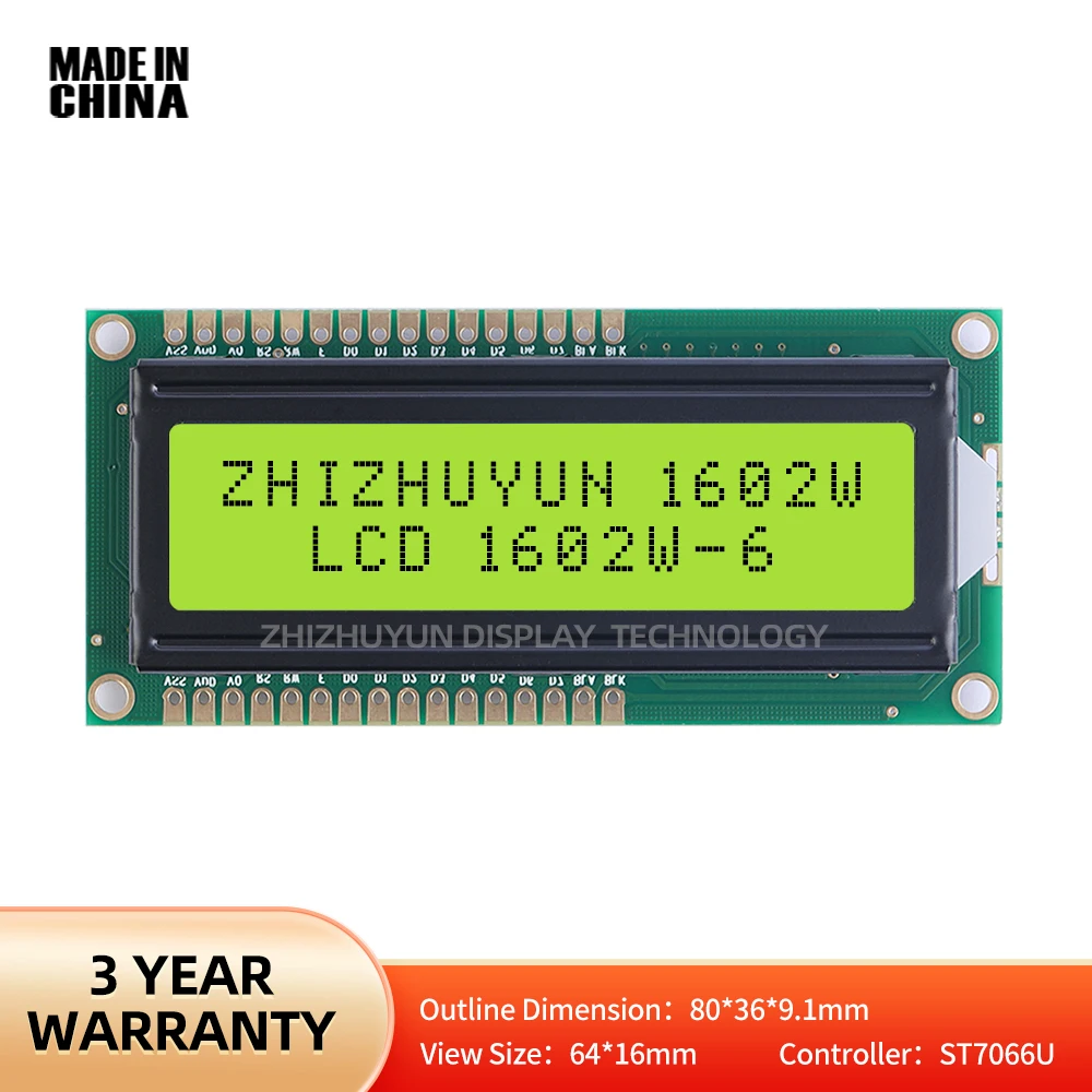 Tela LCD com Luz de Fundo, Membrana Verde Amarela, STN, LCM, Inglês e Japonês, Personagem 1602W-6