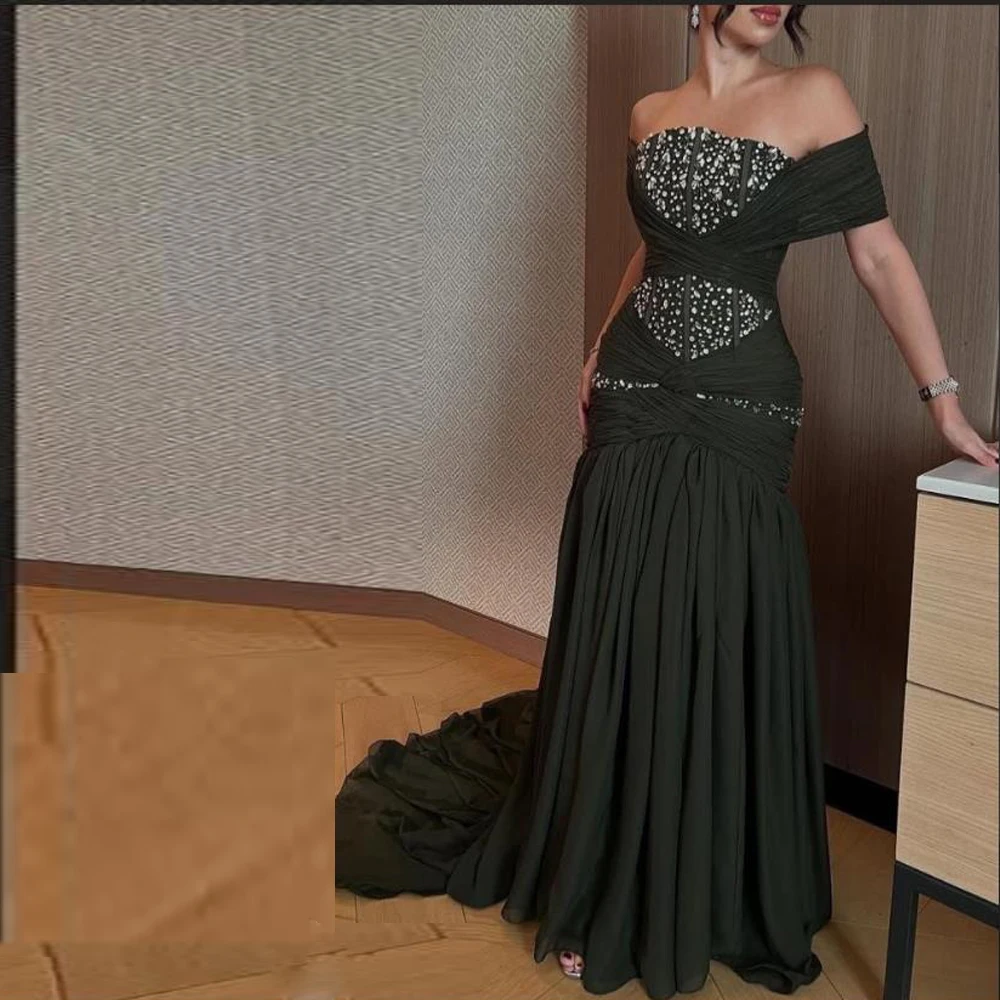 

Customized Pleated Off the Shoulder Evening Dress Beaded Embroidery Wedding Guest Gown Mermaid Green Dresses with Sequin