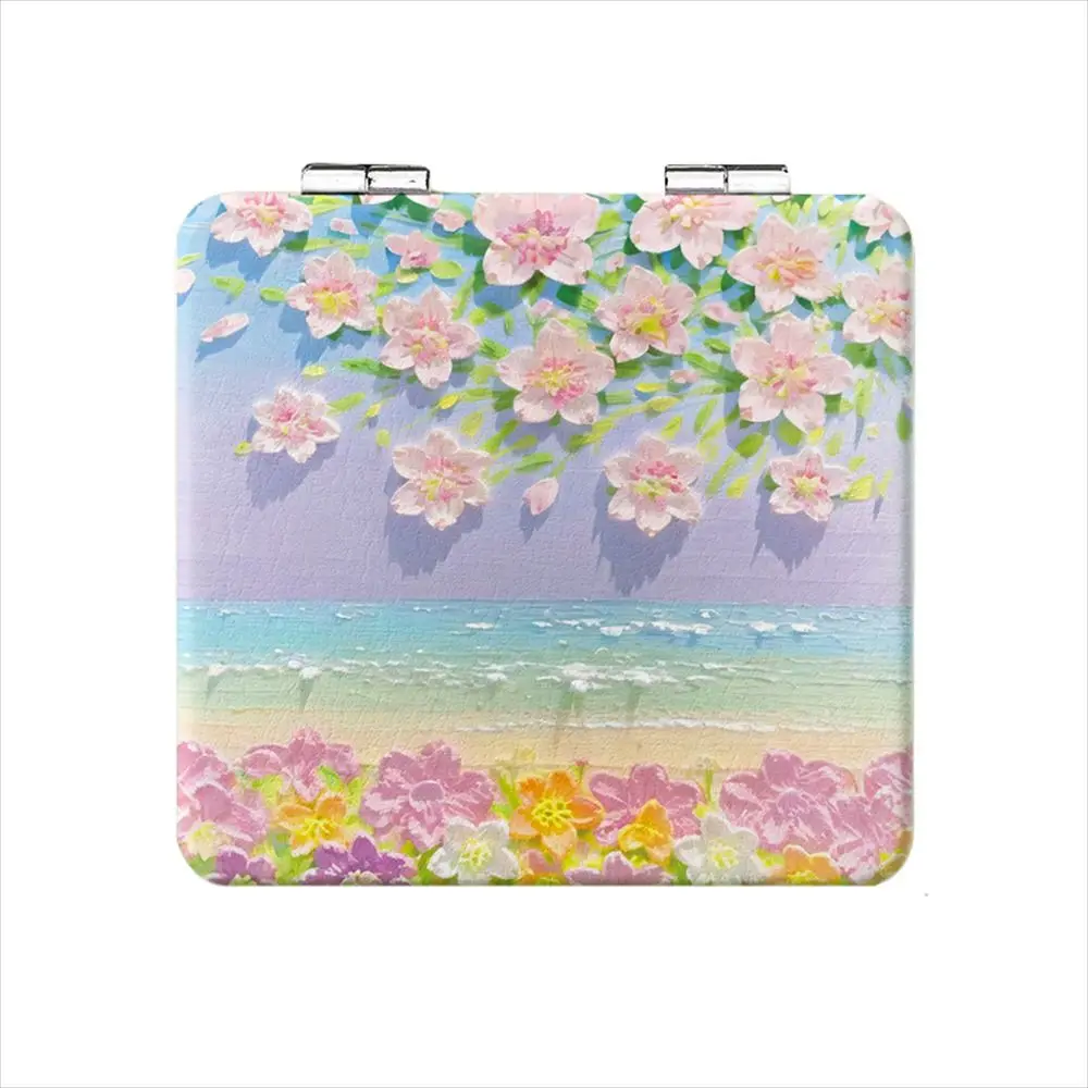 

Tulip Square Makeup Mirror Double-Sided Magnifying Cosmetic Mirror Oil Painting Handheld Folding Mirror Girls Ladies