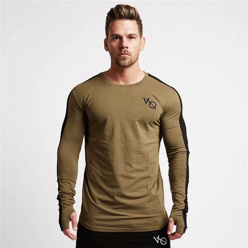 Cotton new white slim long sleeve T-shirt men\'s shirt crewneck fashion patchwork casual wear jogger fitness exercise sports wear