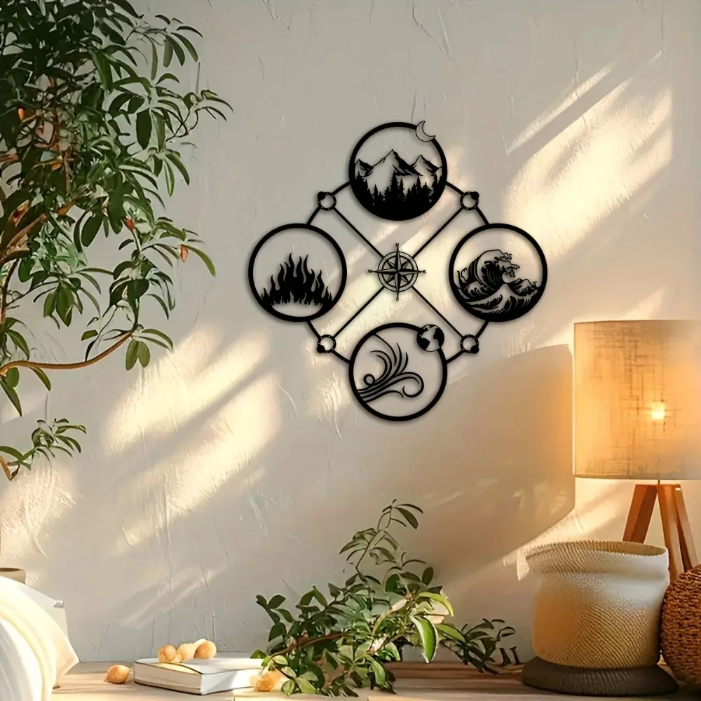 CIFBUY Four Elements Sculpture Metal Wall Art, 15.75 Inch Fire Water Earth Air Celestial Compass Decor for Home Patio Balcony