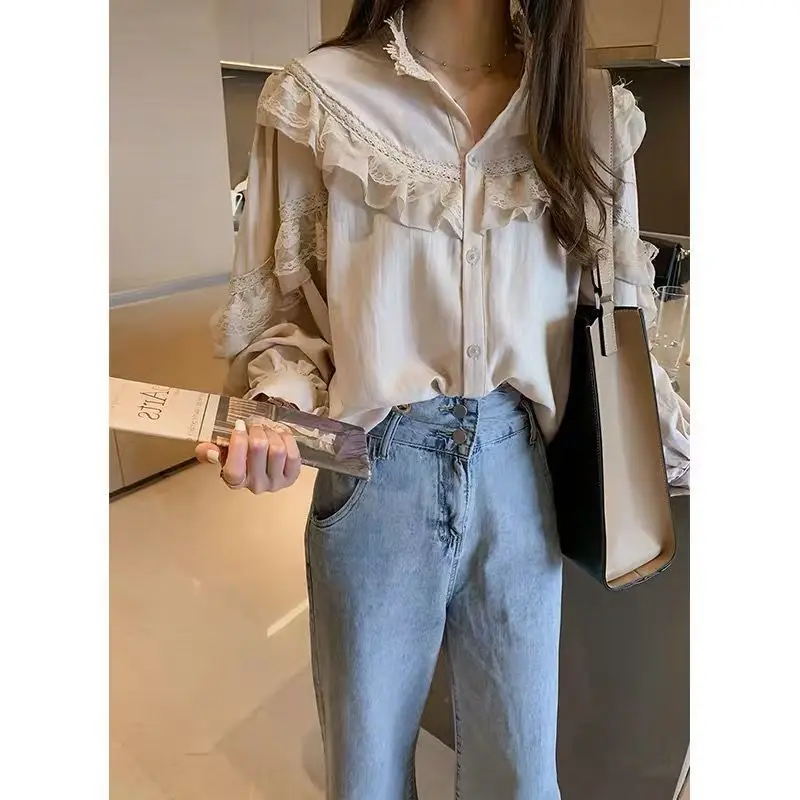 Harajuku Retro Blouse Women Shirt Lace Long Sleeve Tops Korean Fashion Luxury Designer Clothing