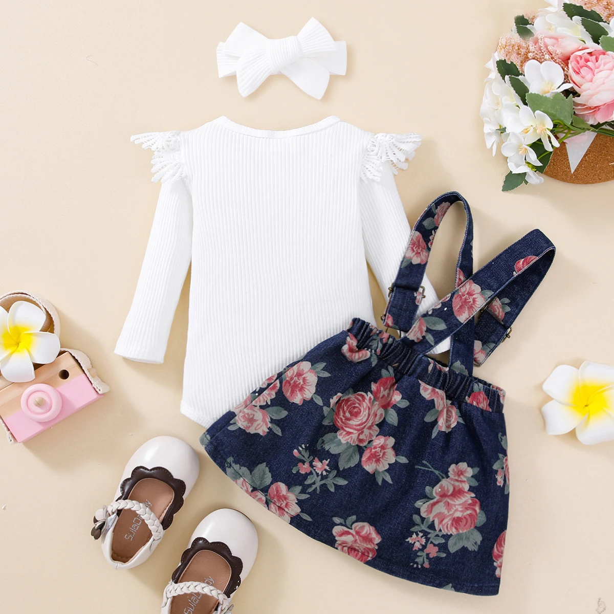 Girls Spring Autumn Ruffle Long Sleeve Triangle Blanket Dress + Full Print Overalls + Headscarf Three-Piece Set