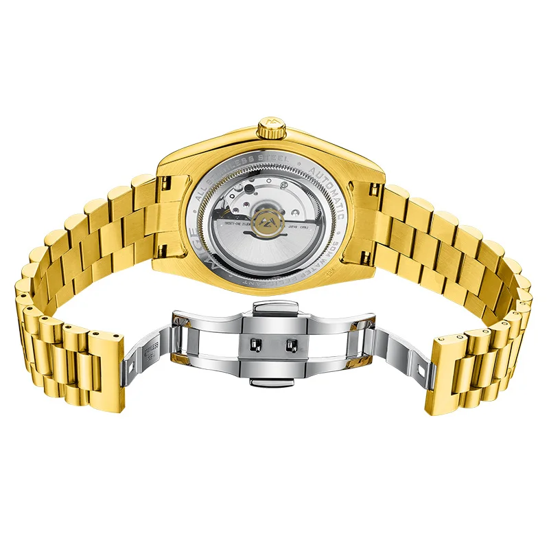 MIGE Classic Luxury, caja/correa de acero inoxidable dorado, reloj con movimiento mecánico completamente automático,