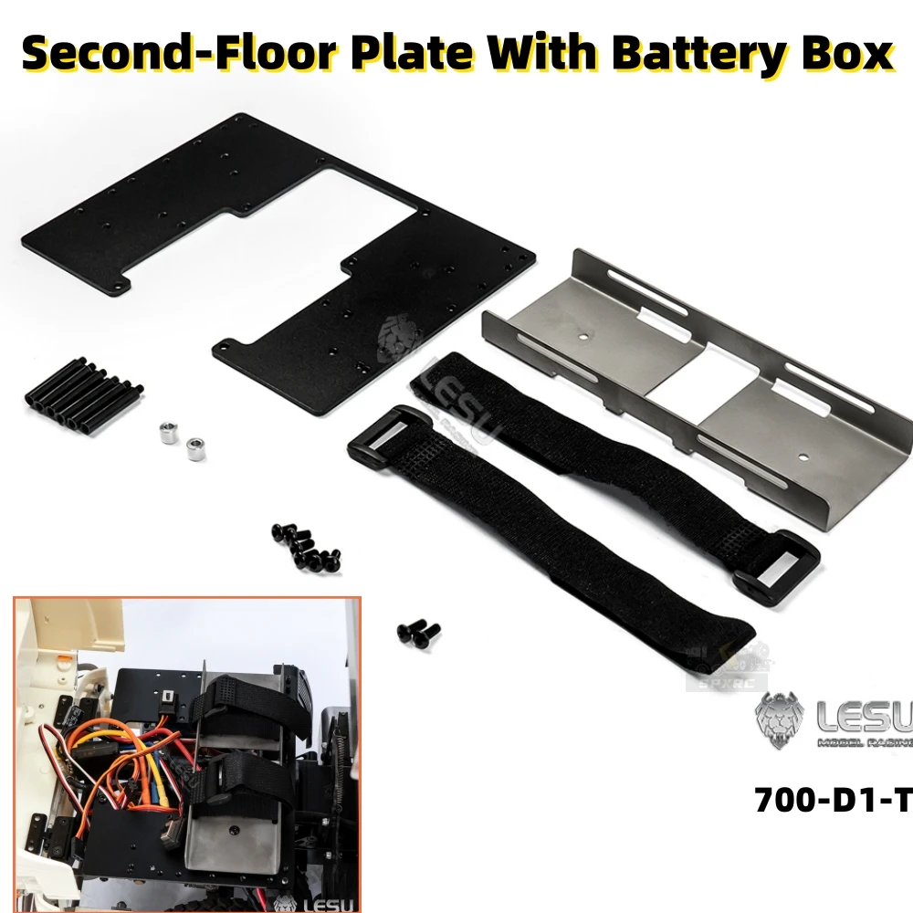 Placa de segundo andar com caixa de bateria 700-D1-T CNC atualização para 1/14 Tamiya RC SCANIA Man Lesu Trailer Tipper modelo peças DIY