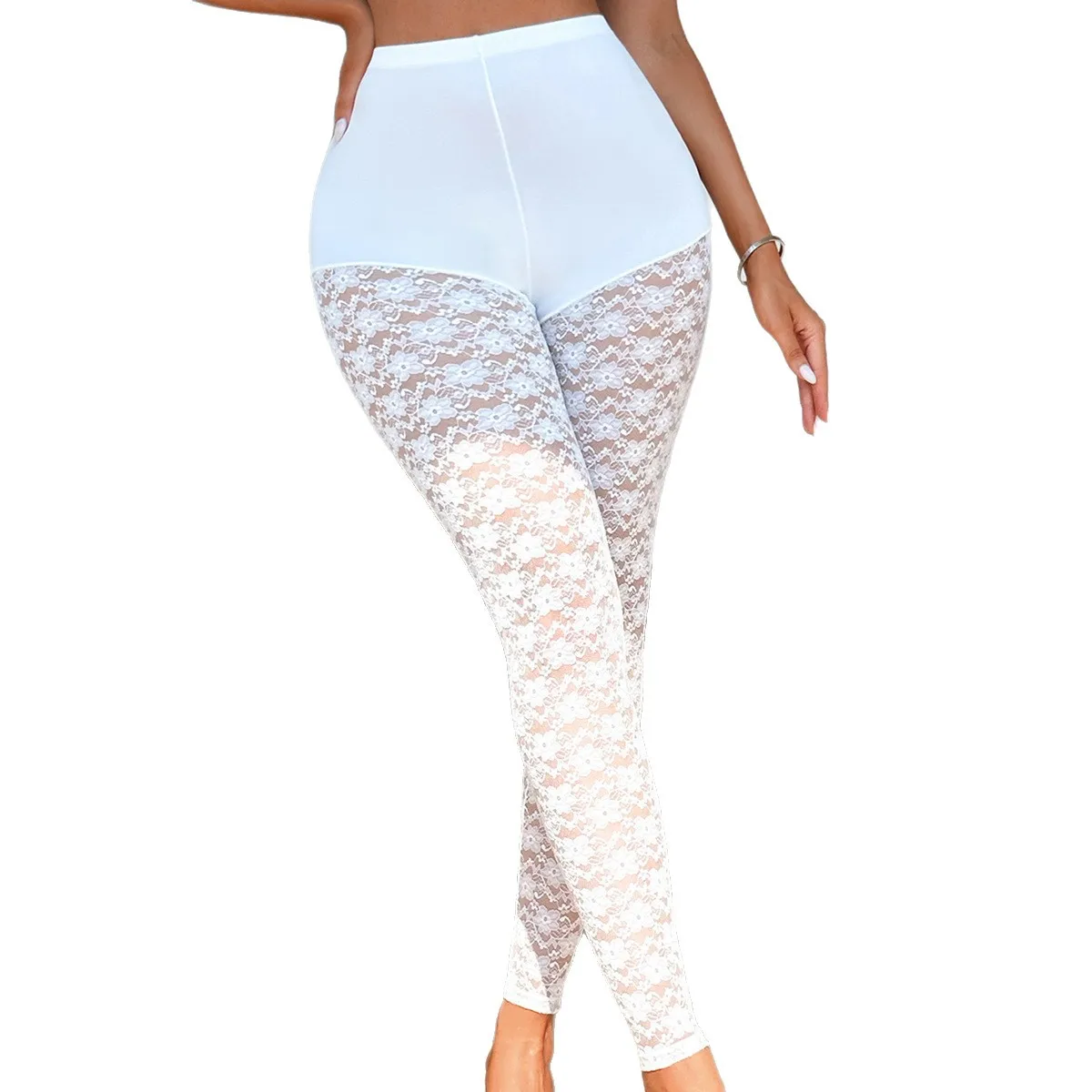 Damen Sommer Slim Fit Leggings mit hoher Taille, florale Spitze, durchsichtig, elastisch, lange Bleistifthose, Vintage, durchsichtige Hose
