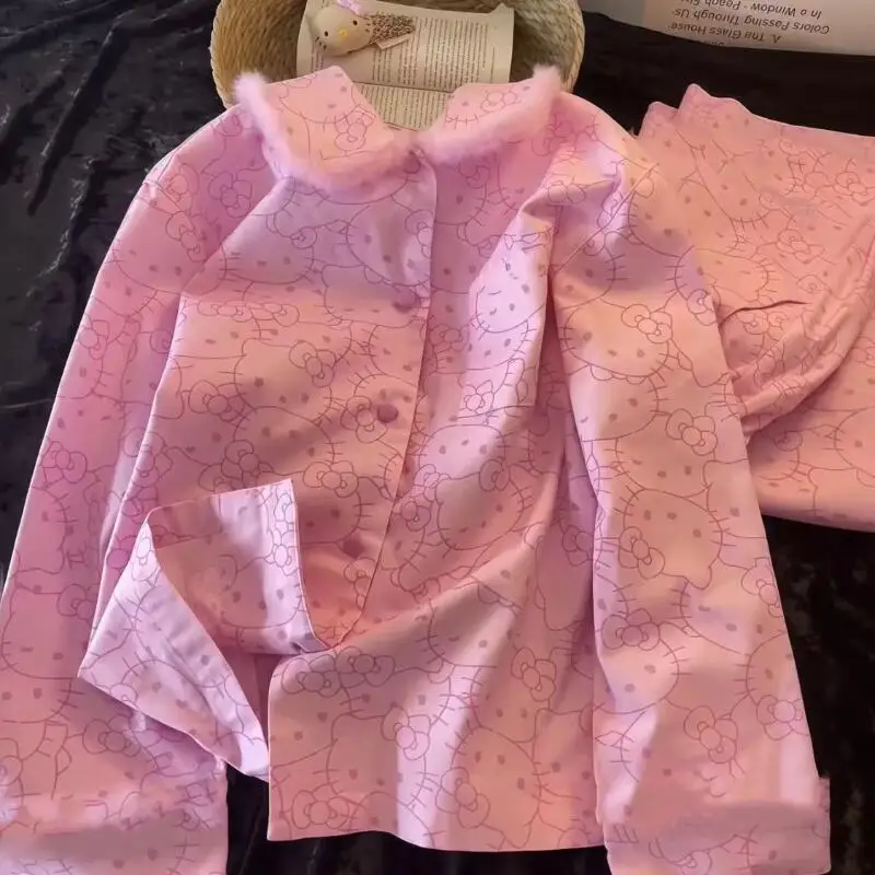 

Sanrios Winter Pajamas Hello Kittys Girls Home Clothes Suit Sweet Loose Comfortable Warm Trendy Print Hot Selling High End Gifts