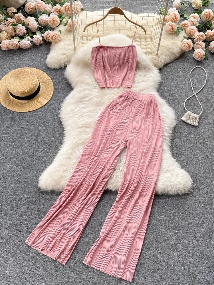 Women Summer Pants Set New Fashion Spaghetti Strap Short Tops & High Waist Long Pants Two Piece Suits