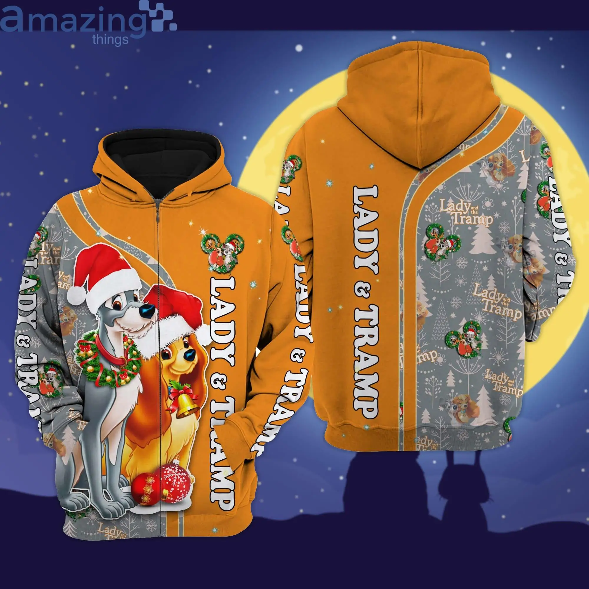 Lady & The Tramp Christmas Disney Cartoon 3D Hoodie Zip Hoodie