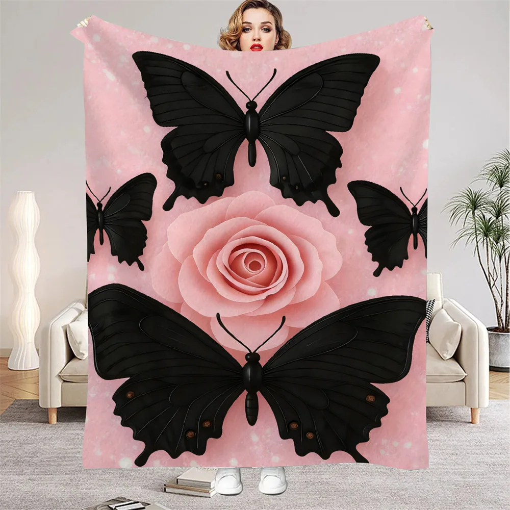 Rosa Schmetterlings-Rosen-Flanelldecken, warme Winterreise, Schlafzimmer, Sofa, Geburtstagsgeschenke für Kinder, weiche Überwurfdecke