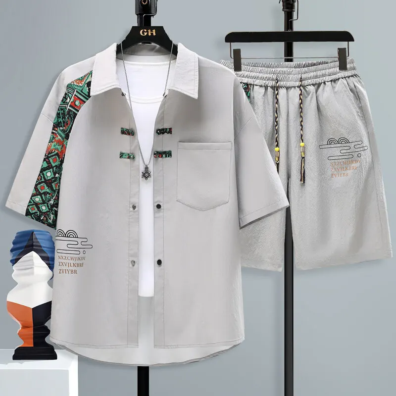 

(Shirt + trousers) Summer Short Sleeve Mens Sets print pattern men's casual elastic waist shirts men Two-piece Suit Streetwear