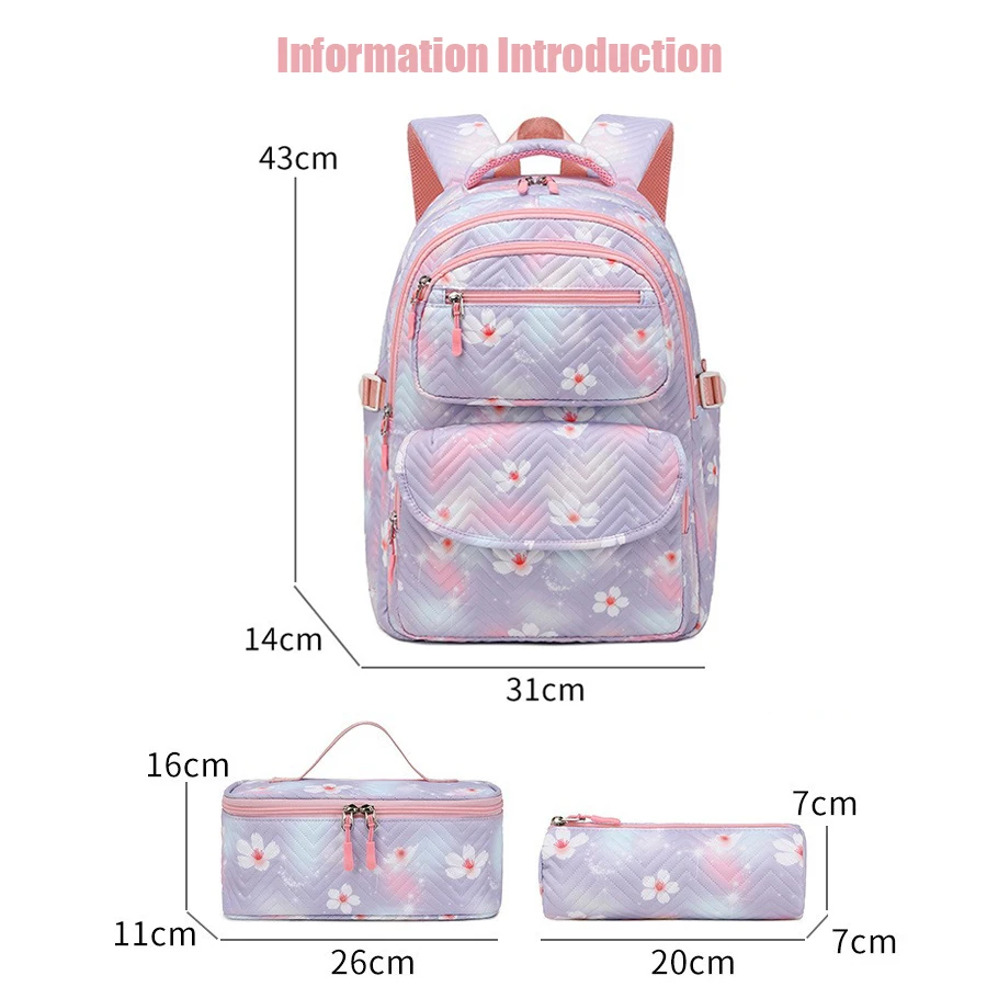 New Girls School Backpack Flower Printed Sweet Schoolbag Lunch Bag Pencil Case Bookbag 3pcs Backpack Sets