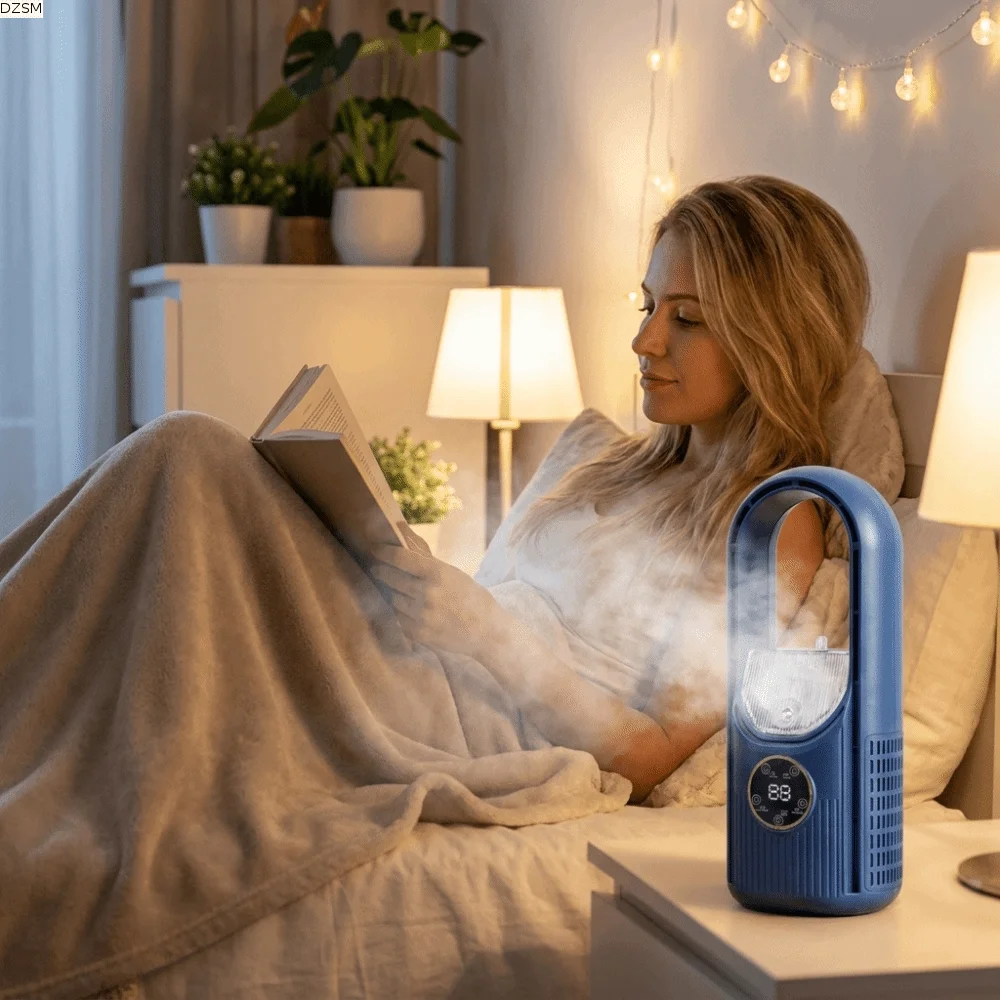 6 Speed Portable Air Cooler Bladeless Design Silent Timer Leafless Fan Humidifying Function Adjustable Wind Speeds